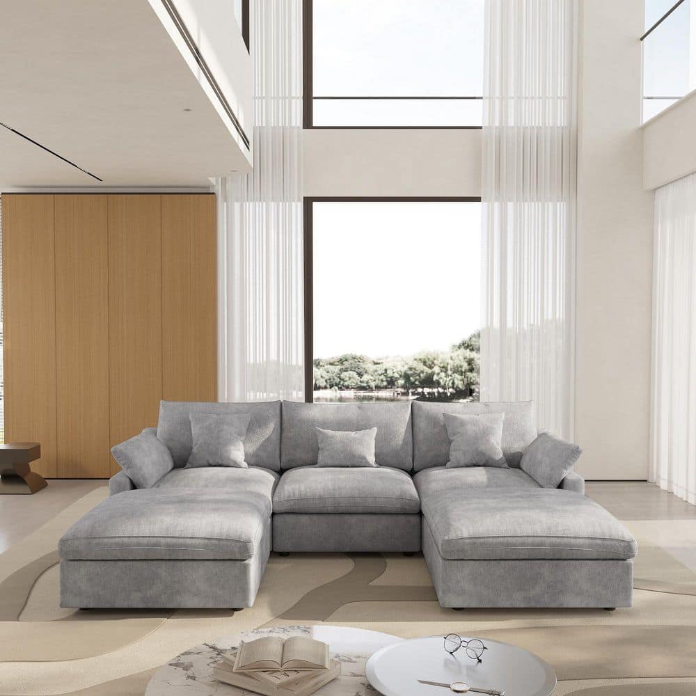 119.2 in. Square Arm 5-Piece Linen U-Shaped Down Feather Modular Free Combination Sectional Sofa with Ottoman in Gray