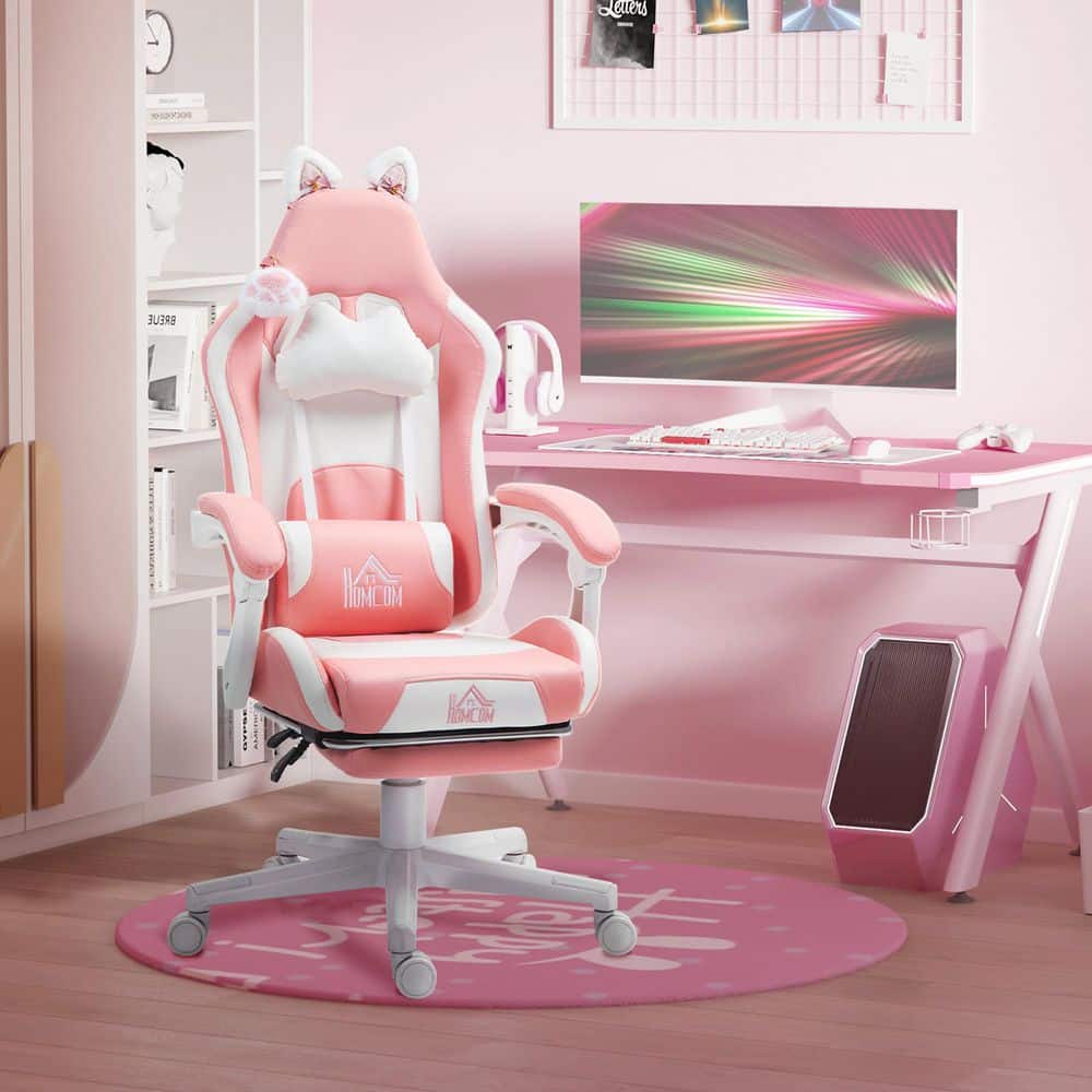 Pink Faux Leather Reclining Gaming Chair with Footrest and Cat Ears