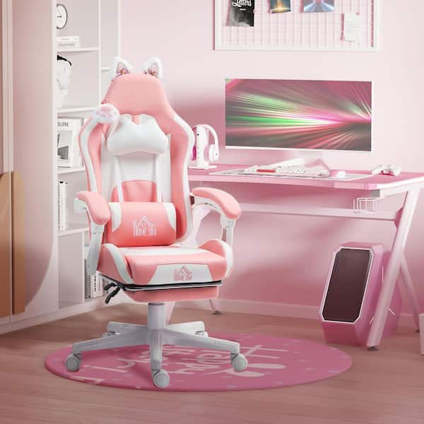HOMCOM Cute Gaming Chair, Reclining Computer Chair with Footrest, Height Adjustable Faux Leather Swivel Gamer Chair, Pink