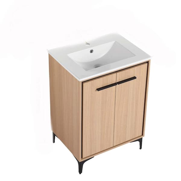 Unbranded 24 in. W x 18.31 in D. x 33.86 in. H Engineered Wood Bath Vanity in Oak with White Ceramic Top and Soft Closing Door