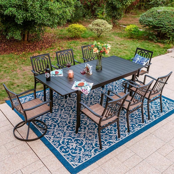 PHI VILLA Black 9-Piece Metal Patio Outdoor Dining Set with Extendable Table and Fashion Chairs