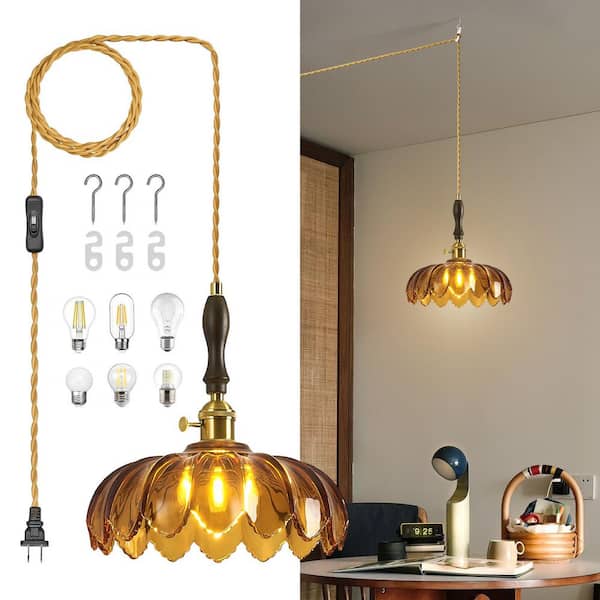 Home Lighting 60W 1Light 10.03in Modern Tawny Glass Plug In Pendant Light(Gold Finish)Perfect for Bedrooms &Dining Rooms