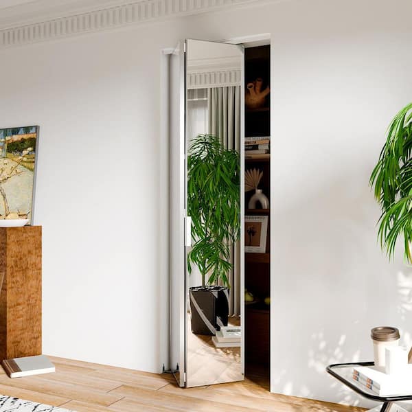 30 in. x 80 in., Mirrored Glass, White, Hollow Core, MDF, Aluminum Frame, Full Lite Bi-fold Doors with Hardware Kits