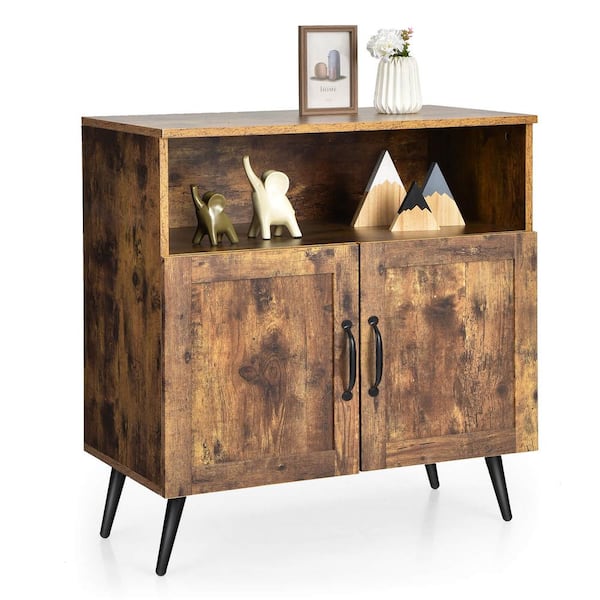 ANGELES HOME 30 in. Rustic Brown Mid-century Wooden Buffet Storage Cabinet Wine Glass Holders