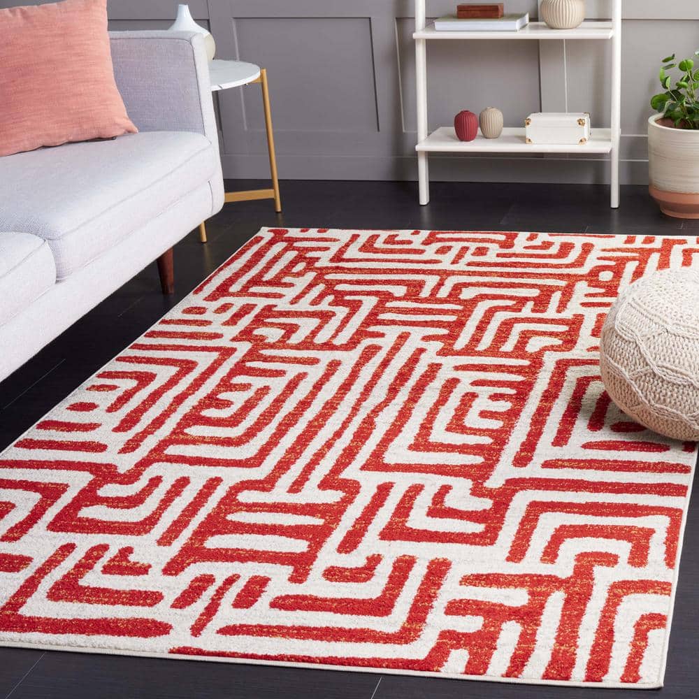 Ivory and Terracotta Geometric Synthetic Area Rug