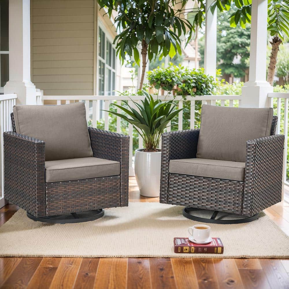 Gray and Brown Wicker Outdoor Swivel Rocking Armchair with Cushions