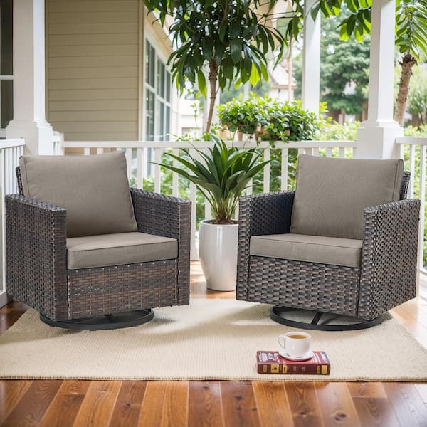 Brown Wicker Outdoor Rocking Chair, Patio Swivel Gliders with Gray Cushions for Porch or Balcony (2-Pack)