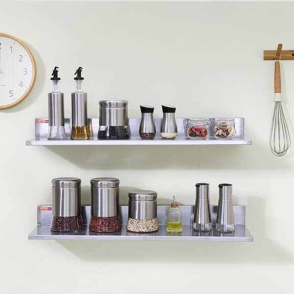 Stainless Steel Shelf 8.6 in. x 30 in. Wall Mounted Floating Shelving Heavy Duty Storage Rack Silver, 2-Piece