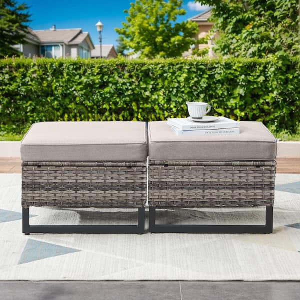 moosprr Gray Wicker Outdoor Ottoman with Beige Cushions (2-Pack)