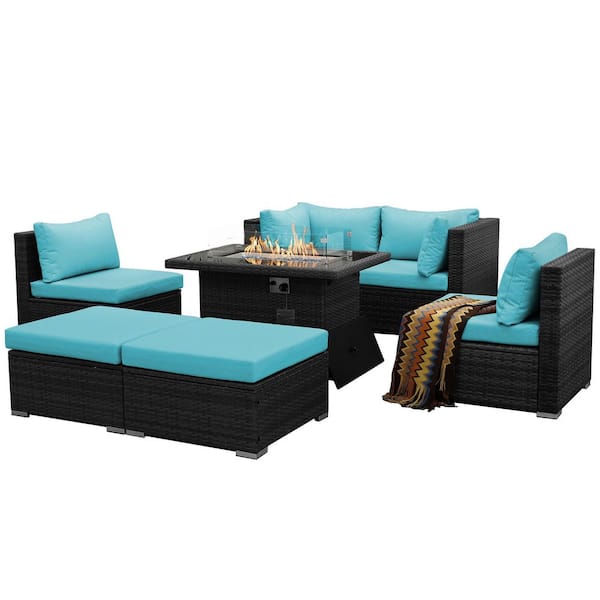 FINCATI Luxury 7-Piece Charcoal Gray Wicker Patio Fire Pit Conversation Sectional Deep Seating Sofa Set with Teal Cushions