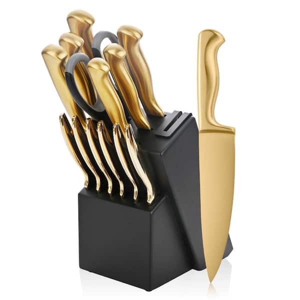 15-Piece Gold Stainless Steel Kitchen Knife Block Set with Built-In Sharpener, Scissors, and 6 Steak Knives