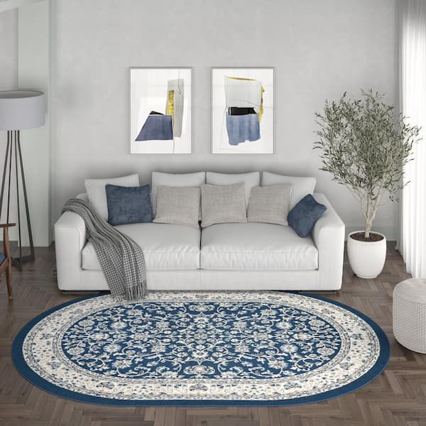 Madison Floral Dark Blue 5 ft. x 8ft. Oval Indoor Area Rug