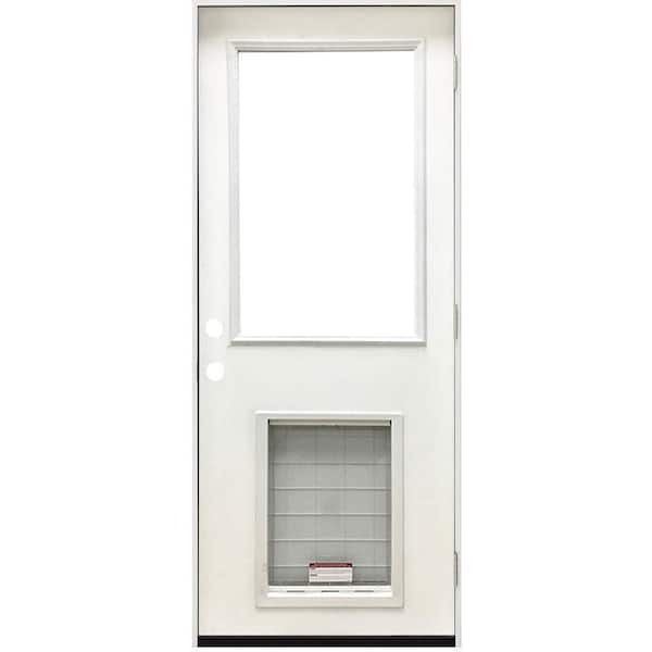 36 in. x 80 in. Reliant Series Clear Half Lite LHOS White Primed Fiberglass Prehung Back Door with Extra Large Pet Door
