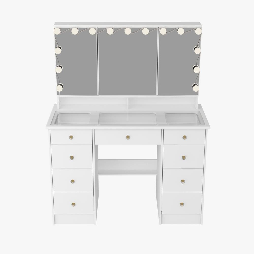 White Makeup Vanity Desk 9-Drawers Wood Dressing Table With 3 Mirrors, Glass Top, Hidden Storage Shelves, LED Bulb Light - thumbnail 9