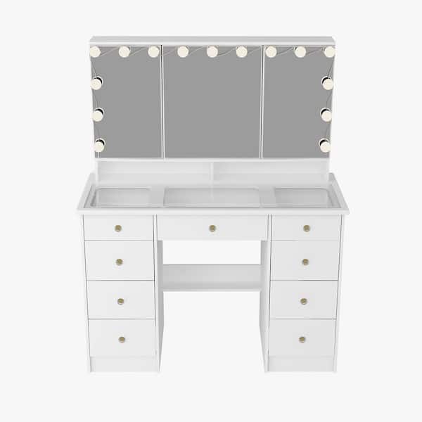 White Makeup Vanity Desk 9-Drawers Wood Dressing Table With 3 Mirrors, Glass Top, Hidden Storage Shelves, LED Bulb Light