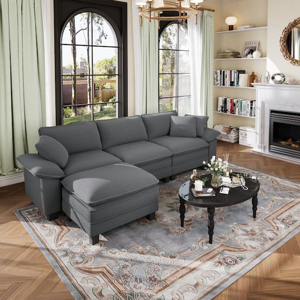123.6 in. Flared Arm 4-Seat Corduroy Fabric Modular Sectional Sofa in. Light Gray with Throw Pillows and Ottoman