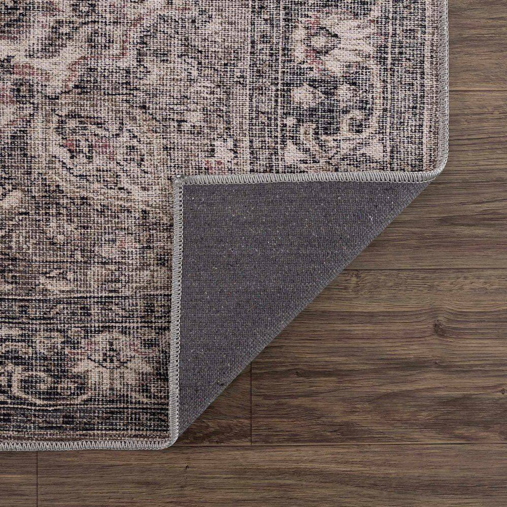 Chenille-Cotton Blend Black Medallion Washable Rug 6'7" x 9'