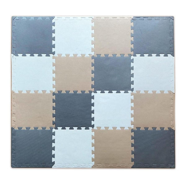 Angel Sar 18 Pcs 12 in. Squares Soft Non-Toxic Foam Play Mat for Gym Nursery Playroom (Cream Gray Beige)