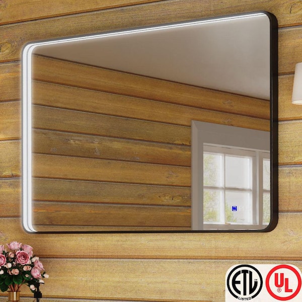 48 in. W x 32 in. H Rectangular Aluminum Framed Light Dimmable Anti-Fog LED Wall Bathroom Vanity Mirror in Black