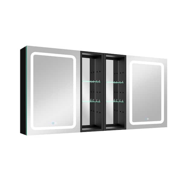 ANGELES HOME 60 in. W x 30 in. H Rectangular Aluminum Surface Mount Double Door Lighted Medicine Cabinet with Mirror Defogging Dimmer