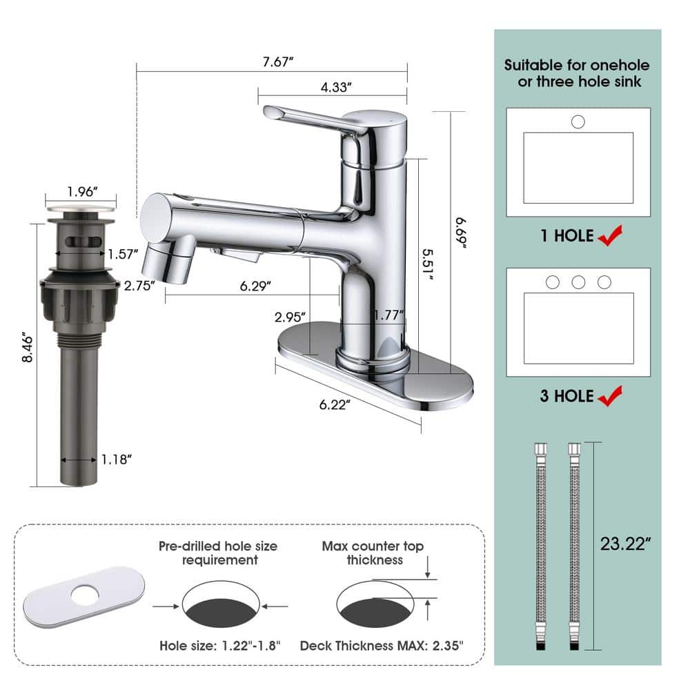 Chrome Single Handle Bathroom Faucet with Pull Out Sprayer