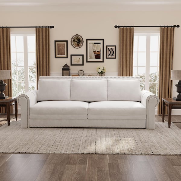 3-in-1 Convertible 94 in. W Beige Velvet King Sleeper Sofa Bed with 3-Pillowsfor Living Room and Bedroom