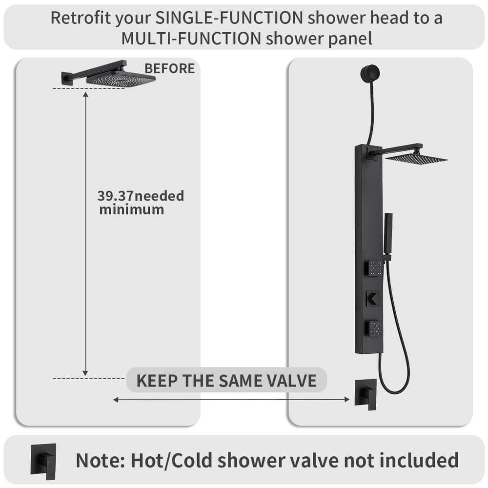 Matte Black Brass Shower Panel System with Adjustable Rainfall Shower Head