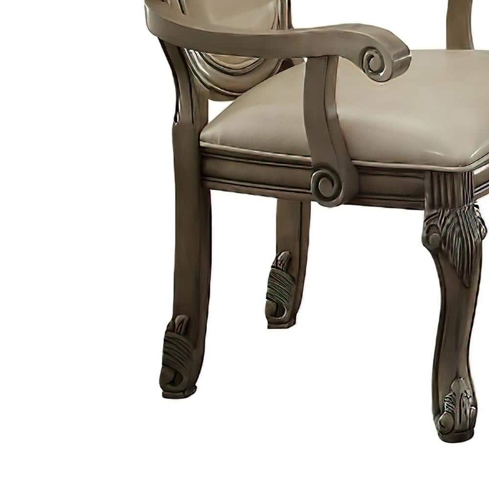 Antique White High Back Leather Arm Chair with Wood Frame