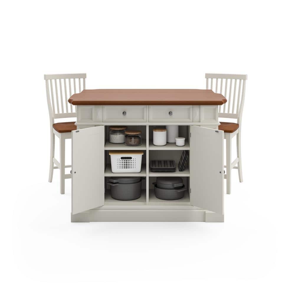 Americana Off-White Distressed Oak Kitchen Island Set with Stools