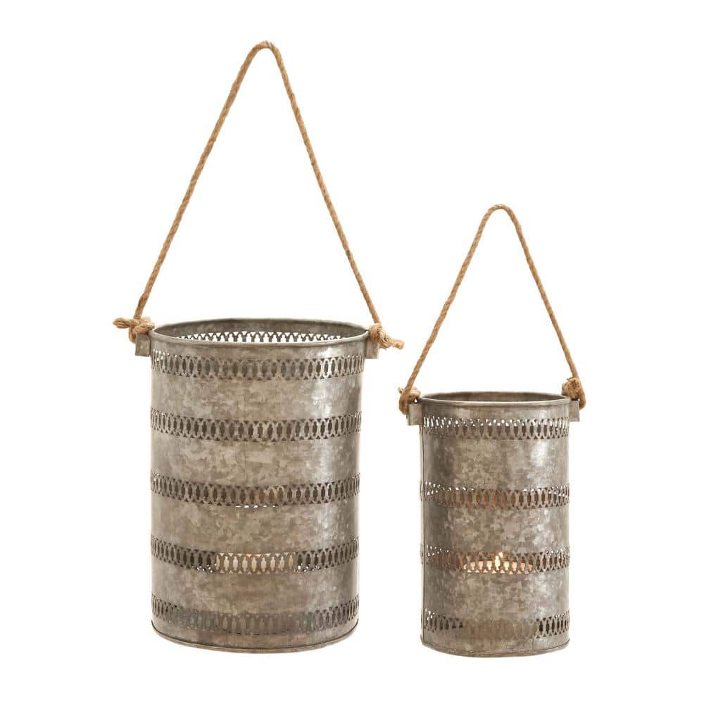Elegant Coastal Grey Metal Candle Lantern Set, 10" and 12"
