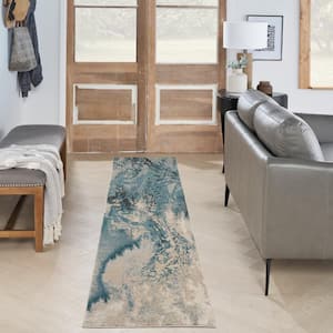 Maxell Ivory/Teal 2 ft. x 10 ft. Abstract Contemporary Kitchen Runner Area Rug