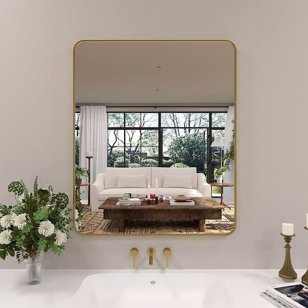 Dew 30 in. W x 36 in. H Rectangular Framed Wall Bathroom Vanity Mirror in Gold