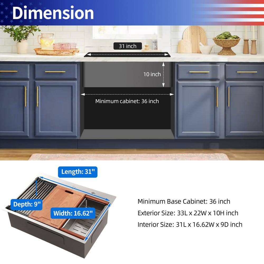 33'' Stainless Steel Single Bowl Kitchen Sink with Accessories
