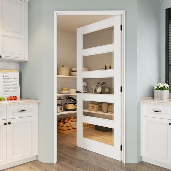 36 in. x 80 in. 5-Lite Clear Glass Right White Solid Core Wood Single Interior Door Kit with Quick Assemble Jamb