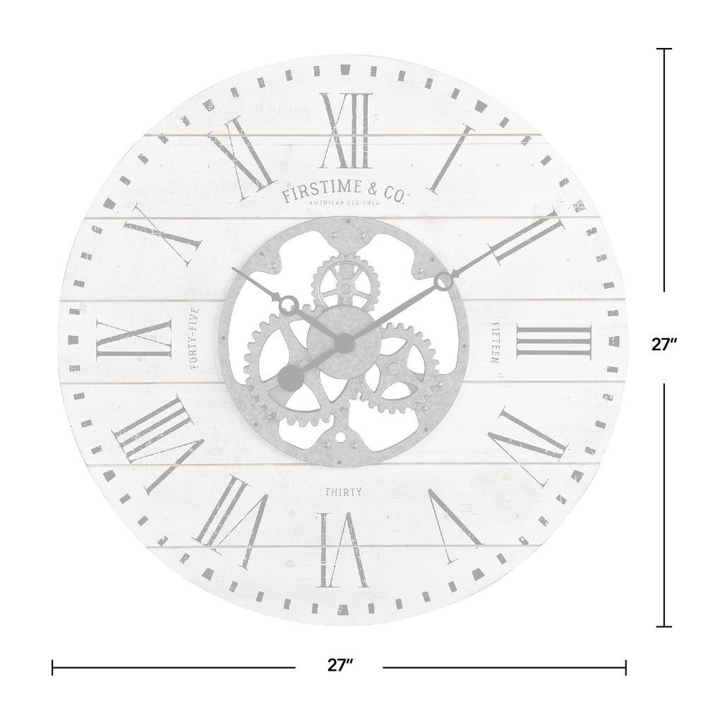 Oversized White Shiplap Gears Wall Clock with Galvanized Center