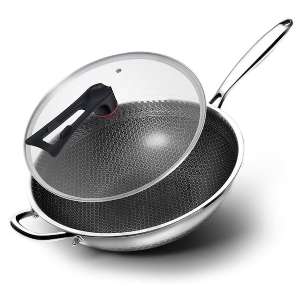 Hybrid Stainless Steel Wok with Lid Flat-Bottom Honeycomb Surface Induction Compatible Dishwasher Oven Safe Set