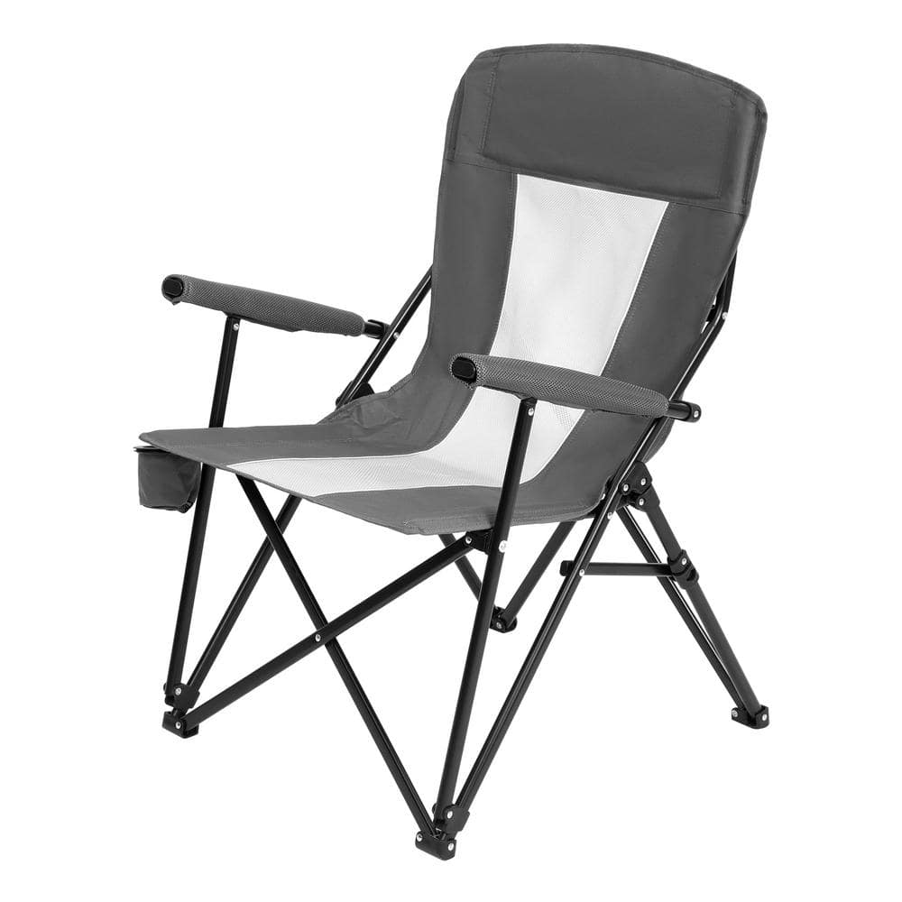 Grey Outdoor Metal Folding Beach Chair Camping Chair with Cup Holder and Ca