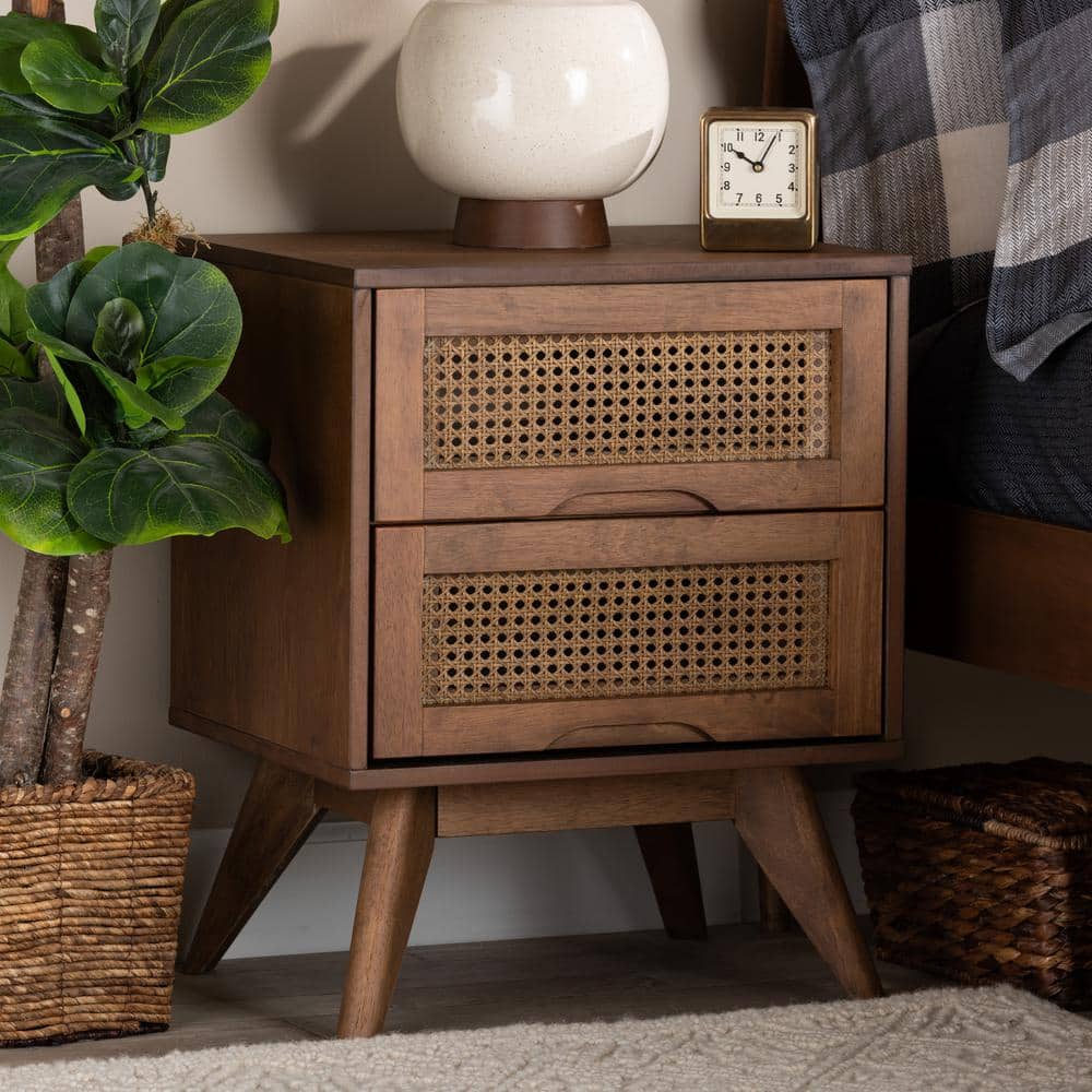 Walnut Brown Wood and Synthetic Rattan 2-Drawer Nightstand