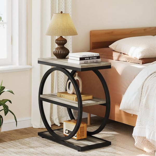 24 in. Gray Rectangle Wood End Table with 3 Tiers Storage Shelves and Adjustable Foot Pads, Easy Assembly