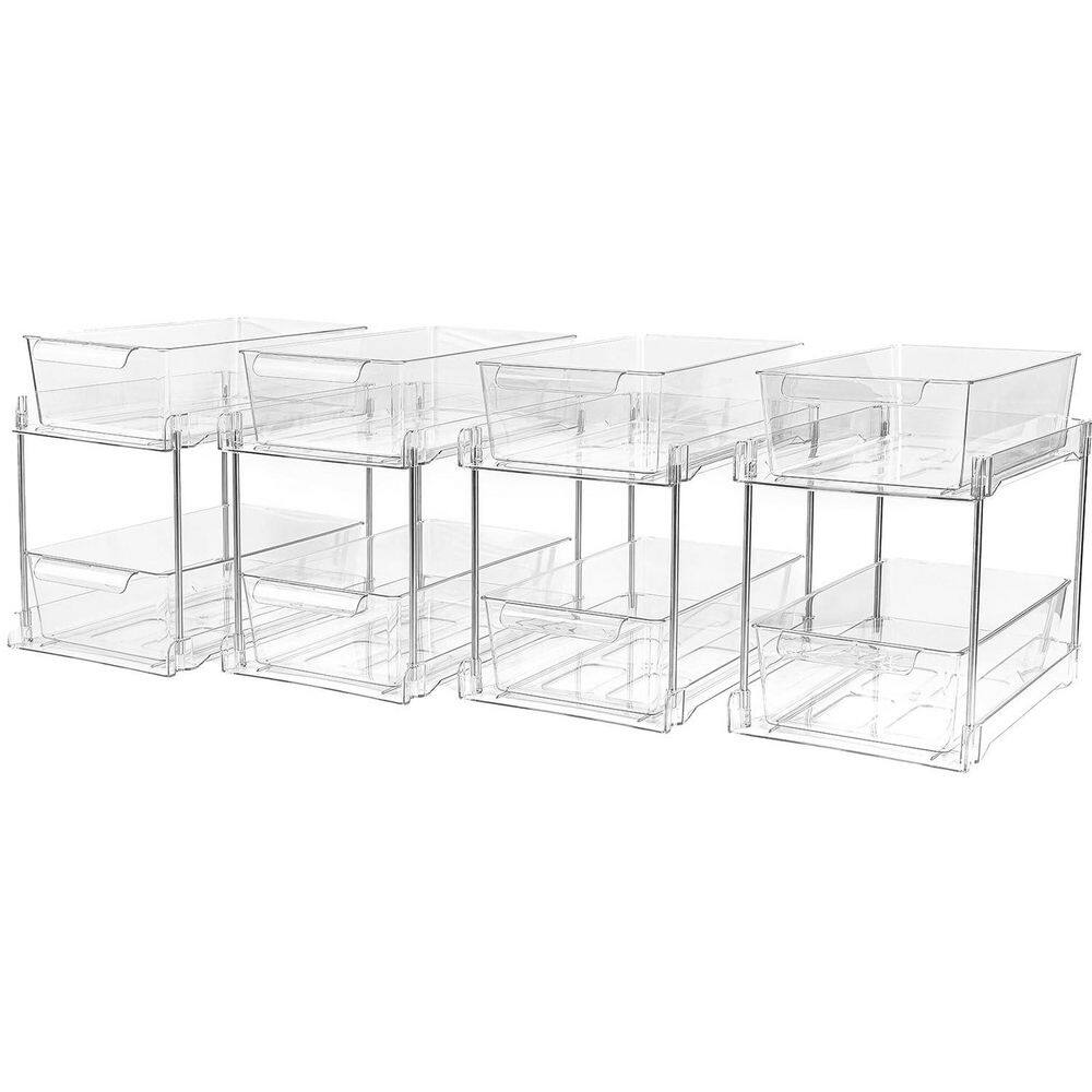 2-Shelf Clear Stackable Pull-Out Organizer with Removable Dividers for Bathroom Kitchen Pantry Cabinet 4 Pack