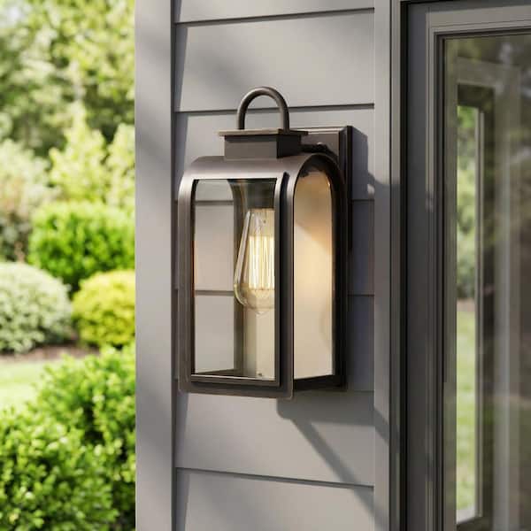 Refuge Collection 1-Light Oil Rubbed Bronze Clear/Etched Umber Glass Farmhouse Outdoor Small Wall Lantern Light