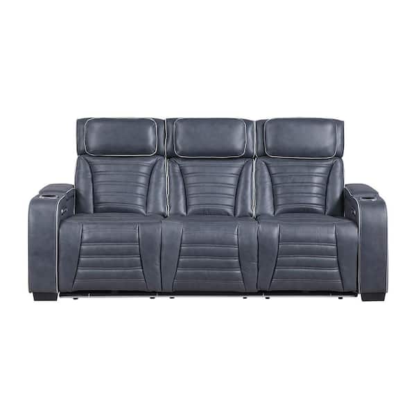 Bedos 84 in. W Pillow Top Arm Top Grain Leather Rectangle Power Double Reclining Sofa in Blue