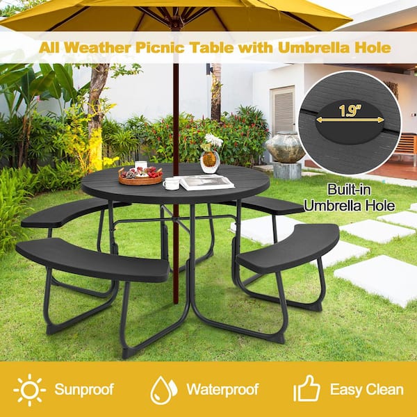 75 in. Black Round HDPE Picnic Table and Bench Set Seats 8 People with Umbrella Hole
