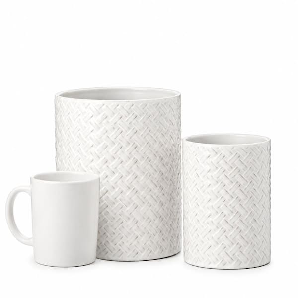 White Glossy Ceramic Utensil Holder Set with Embossed Pattern for Kitchen Counter
