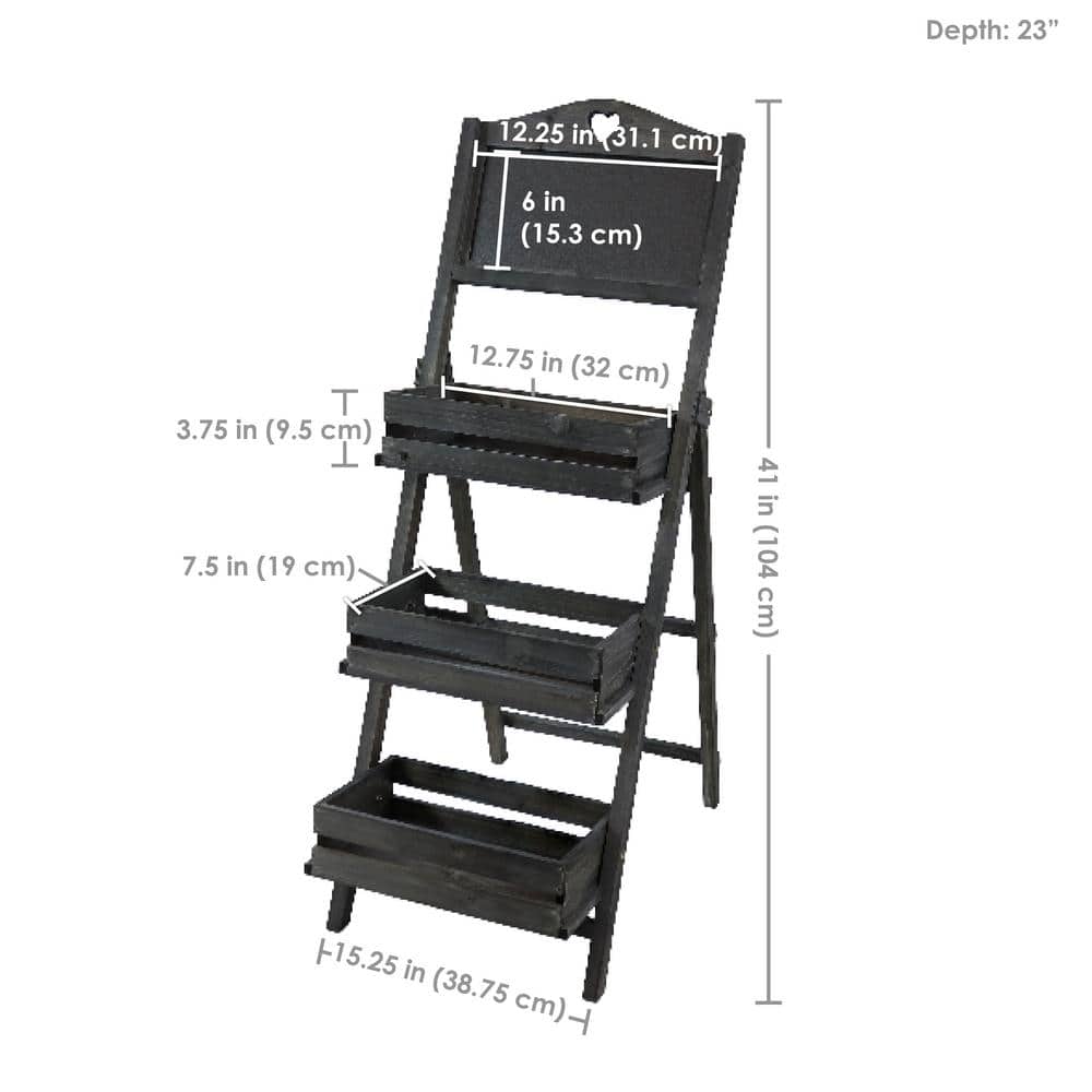 Black Fir Wood 3-Tier Ladder Plant Stand with Chalkboard
