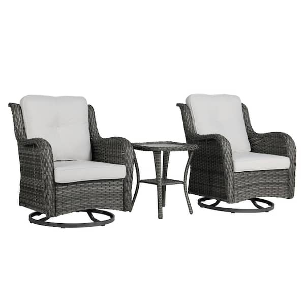 Uixe 2-Piece Patio Swivel Wicker Outdoor Rocking Chairs with Beige Cushion and Side Table Sets for Porch Deck (Set of 2)