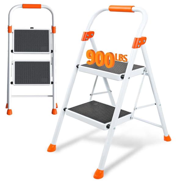 2-Step Lightweight Steel Step Stool (6 ft. Reach) 900 lbs. Load Capacity with Non-Marring Feet and Safety Lock, White