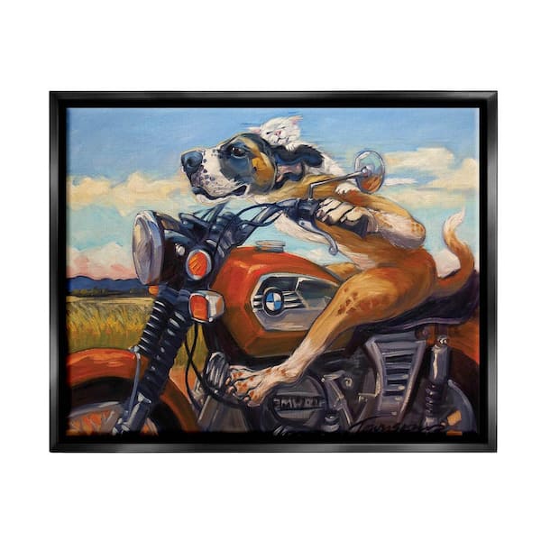 The Stupell Home Decor Collection Dog And Cat on a Red Motorcycle Road Trip Painting by Tai Prints Floater Frame Animal Wall Art Print 31 in. x 25 in.