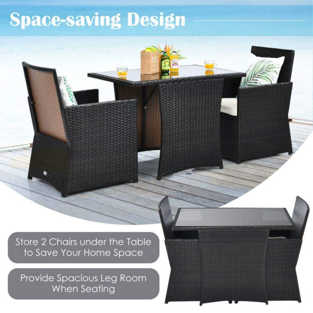 3-Piece Black Steel and Glass Patio Bistro Set with White Cushions