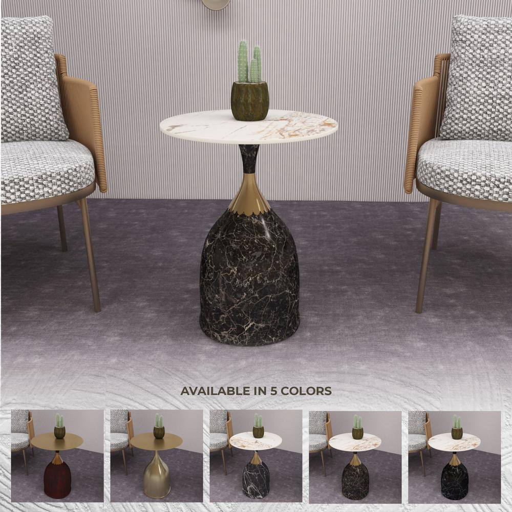 Marbled Brown Round Sintered Stone Side Table with Gold Neck